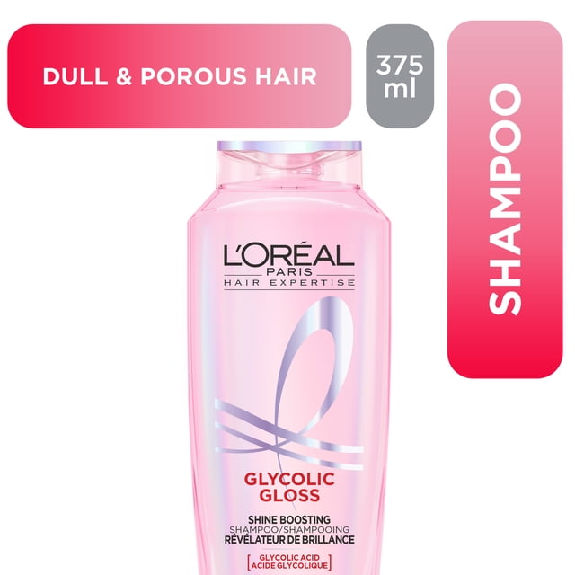 Glycolic Gloss Shampoo 375ml by L'Oréal Paris in a pink translucent bottle with silver cap, formulated with glycolic acid to boost shine and improve dull, porous hair for smooth, glossy hair.