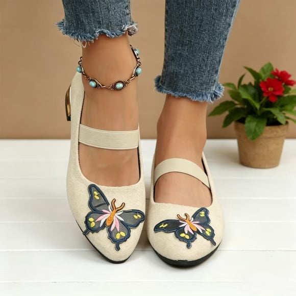 Ballerines Mary Jane à Broderie Papillon, Ballerines à Bride Unique à Talon Bas, Ballerines Mary Jane à Broderie Papillon pour Femmes à Bride Unique à Talon Bloc Or Bas Chaussures de Bureau Décontractées Habillées, Beige 8.5
