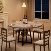 47.2 Inch Round Dining Table for 4-6 People, Industrial Kitchen Round Table with Sturdy Metal Pedestal Base and Storage Shelf,Grey Circular Dinner Table for Kitchen and Dining Room
