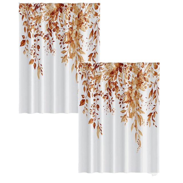 Rideau de Douche à Motif de Feuilles 100x70 cm (2 Pcs), Rideaux de Fenêtre de Cuisine Orange à Feuilles Botaniques au-Dessus de Fleurs Style Ferme Automne Petite Fenêtre Café Courts Rideaux pour Salle de Bain Panneaux à Étages, Rideau de Douche*2