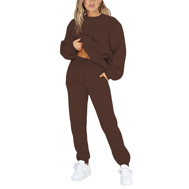 Innerwin Two Piece Outfit Drawstring Women Jogger Set Sports Long Sleeve Beam Foot Sweatsuits Coffee XL