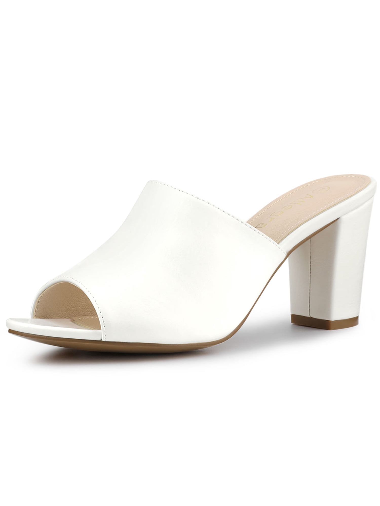 BLISSFUL STEP Women's Slip on Block Heel Slide Sandals Mules White 6.5