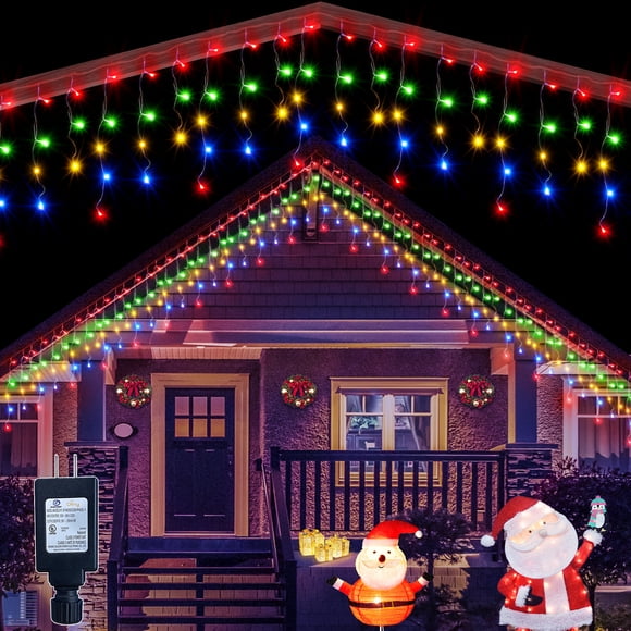 Ollny Guirlandes de Glaçons 24 Pieds 216 LED pour l'Extérieur, 8 Modes d'Éclairage 3 Minuteries Guirlandes de Glaçons Étanches Guirlandes de Noël Décorations Intérieures Extérieures, Multicolore