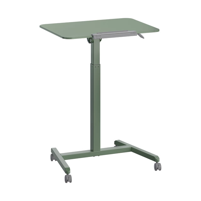 Seville Classics Sage Green airLIFT® Pneumatic Tilting Mobile Desk Cart with a height-adjustable laminated MDF tabletop in sage green, supported by a steel frame on four caster wheels including two locking, featuring a pneumatic lever for smooth height adjustment from 29.9 to 43.3 inches and tilting tabletop, ideal for ergonomic workspaces and versatile mobile use.