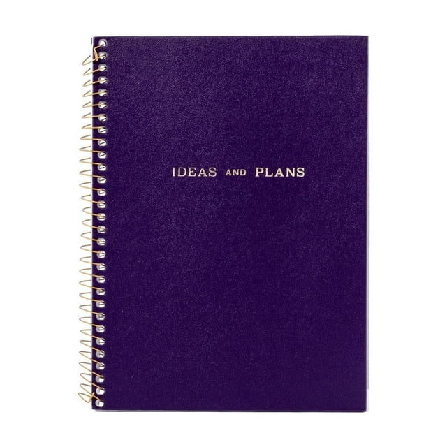 Hilroy® Napoli Lrg Wb Jrnl, 7X9.5 with a hard purple cover and gold wire binding, embossed with 'IDEAS AND PLANS' in gold lettering, containing 80 sheets of 63 gsm ruled paper, measuring 9.5 by 7 inches, ideal for journaling, list-making, and organizing ideas.