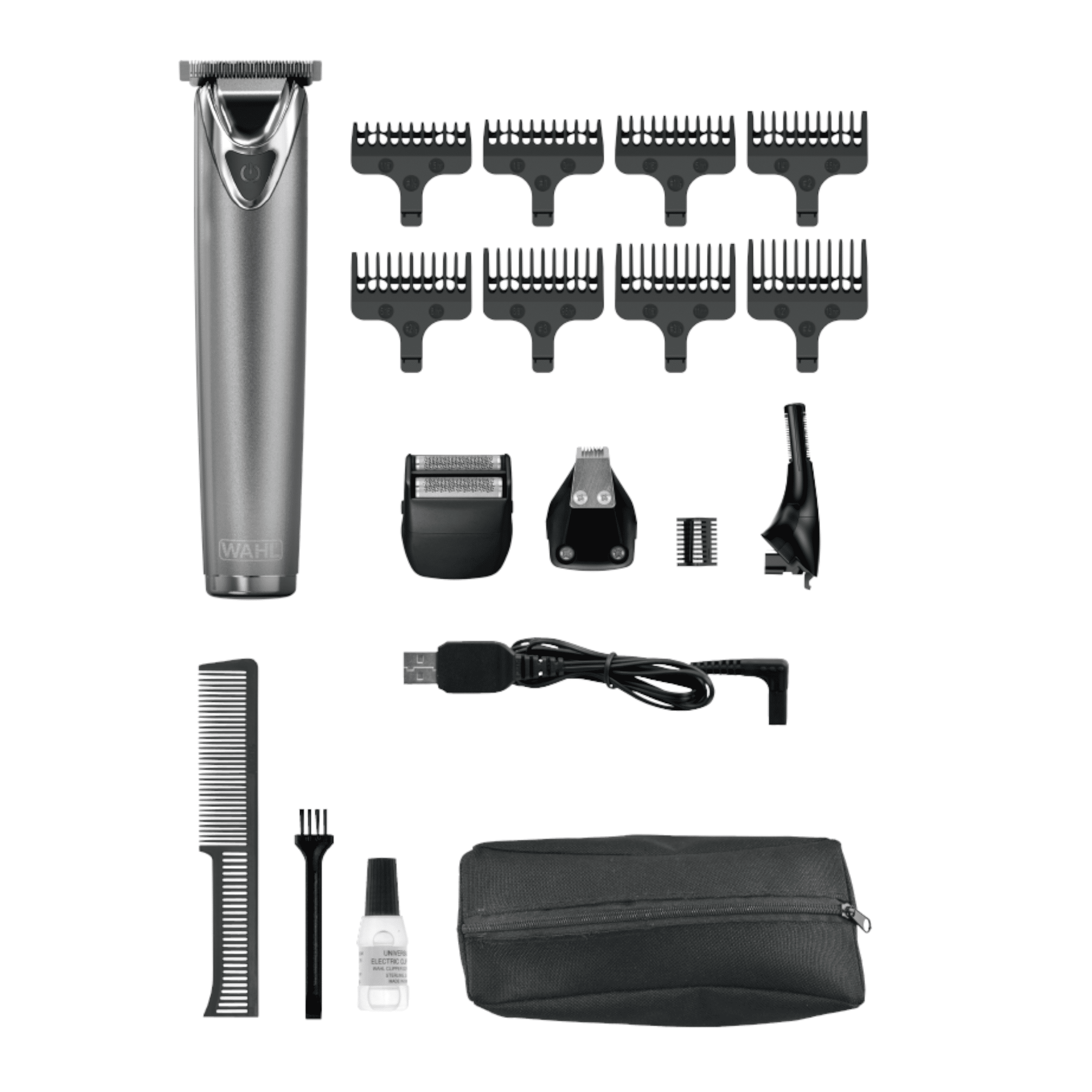 Tondeuse Wahl Lithium-Ion en acier inoxydable – Kit de toilettage étanche tout-en-un avec lame en T, double rasoir, LED, autonomie de 3,5 h et peigne guide – Modèle 3114