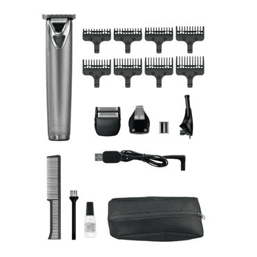 Tondeuse Wahl Lithium-Ion en acier inoxydable – Kit de toilettage étanche tout-en-un avec lame en T, double rasoir, LED, autonomie de 3,5 h et peigne guide – Modèle 3114