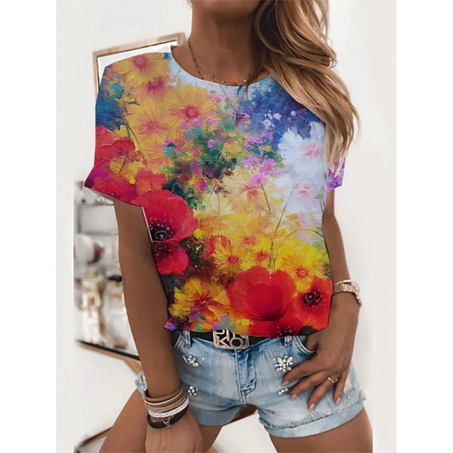 Tee Crewneck And Floral Print Scrub Milk Silk Tee