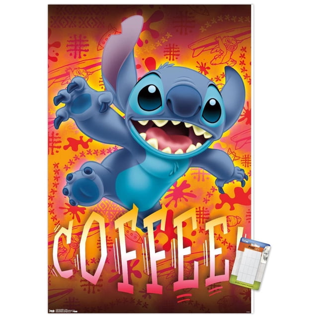 Disney Lilo and Stitch - Coffee Wall Poster, 22.375" x 34", showing a glossy poster with animated blue Stitch character jumping forward with wide eyes and open mouth, set on a bright orange and red background with tribal motifs and large stylized 'COFFEE' text, suitable for bedroom or office wall decor.
