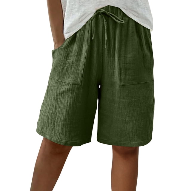 Oksale Plus Size Womens Bermuda Shorts Elastic High Waisted Drawstring Beach Shorts with Pockets Loose Solid Color Wide Leg Shorts for Going Out Green S
