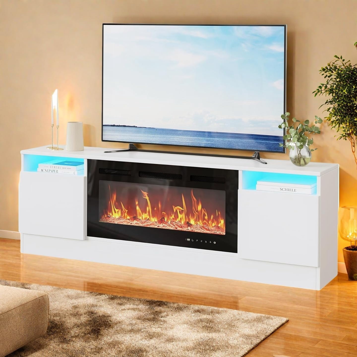 Ourlova TV Stand for Fireplace, Modern Entertainment Center with Storage Cabinet Fits 36'' Electric Fireplace