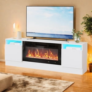 Ourlova TV Stand for Fireplace, Modern Entertainment Center avec armoire de rangement pour cheminée électrique de 36''