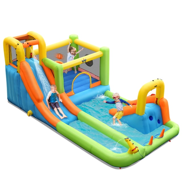 Costway Inflatable Water Slide Park Bounce House Climbing Wall Without Blower featuring a multicolour design with two slides, a climbing wall, a basketball hoop, a water gun, and a bounce area. Made of durable 420D and 800D Oxford cloth with mesh netting for safety. Includes accessories like plastic rings, target balls, and an inflatable basketball. Suitable for children aged 3-10 years, accommodating up to 3 players with a maximum weight capacity of 300 lbs.