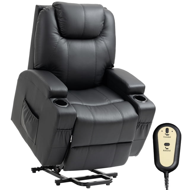 HOMCOM Fauteuil Inclinable Releveur avec Télécommande, Vue avant Centrée Noire d'Un Fauteuil Releveur en Cuir PU Noir avec Télécommande, Porte-Gobelets Doubles, Quatre Poches Latérales et Rembourrage Épais; Levier en Acier Supporte jusqu'à 264 Lb (120 kg) et s'Incline jusqu'à 130°, Convient aux Utilisateurs Ayant des Problèmes de Mobilité et Est Souvent Utilisé comme Siège de Télé Ou de Récupération Confortable.