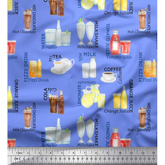 Soimoi Blue polyester Crepe Fabric Text & Soft Drinks Party Printed Fabric 1 Yard 42 Inch Wide