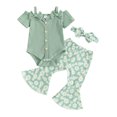 thumbnail image 2 of Gupgi 2Pcs Newborn Baby Girls Spring Outfits Infant Short Sleeve Rib Romper + Daisy Flare Pants + Headband Set, 2 of 9