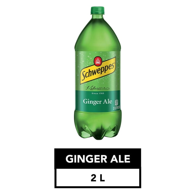 Schweppes Ginger Ale 2 L bottle in green plastic with yellow diagonal label and Schweppes logo, containing a bright, sparkling ginger ale soft drink ideal for sharing, mixing, or enjoying chilled.