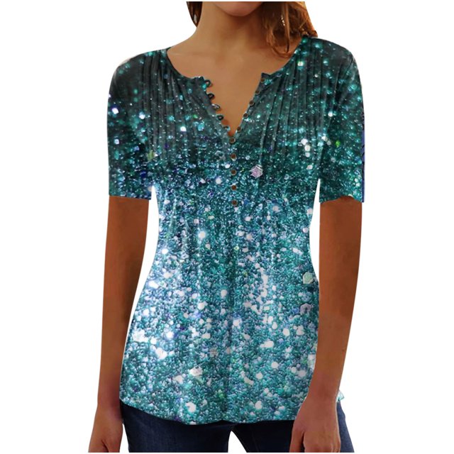 CEHVOM Mode Femme Décontractée Imprimé Col Rond Ample Manches Courtes T-shirt Haut Blouse Chandail Liquidation