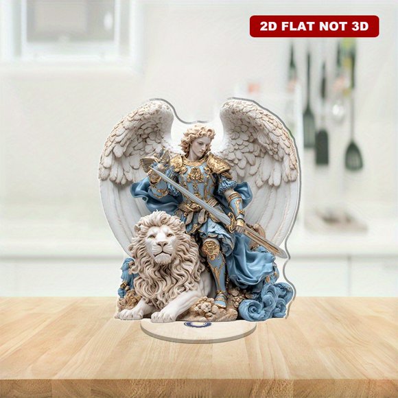 A rotating acrylic decoration featuring a photorealistic Archangel Michael with a sword sitting on a lion, crafted in shades of blue, white, and gold