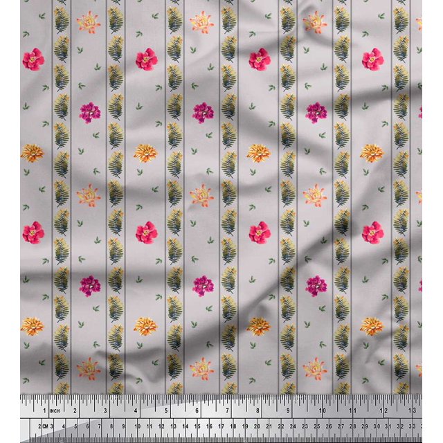 Soimoi Gris polyester Georgette Tissu Feuilles, Rayures & Fleurs Roses Rayures Tissus Imprimés par Yard 52 Pouces de Large