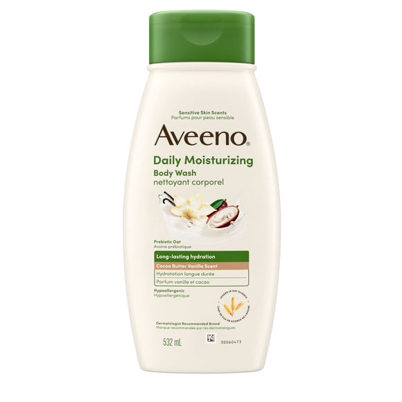 Nettoyant hydratant quotidien Aveeno, parfum vanille et beurre de cacao, à l’avoine prébiotique apaisante, procure une hydratation durable pour peau sensible, hypoallergénique, sans parabènes, 532 mL