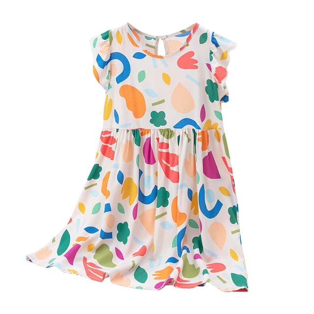 hengsof Girls' Flying Sleeve Printed Summer Dress, Fashionable Pattern Casual Dress, Comfortable Round Neck Cute Princess Dress