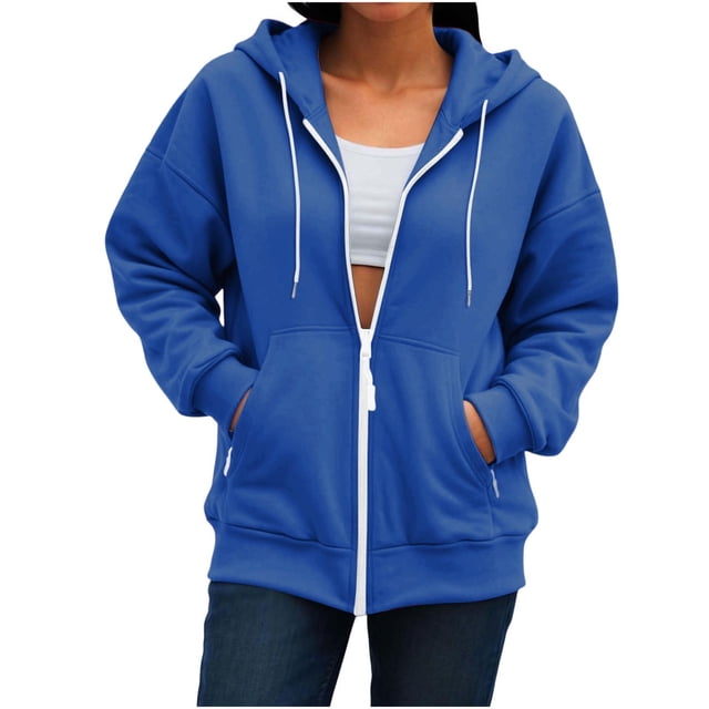 aohooy Crop Full Zip Hoodie Women Oversized Hooded Sweatshirt Fall Basic Plain Casual Fall Jackets with Pockets Drawstring Blue,S