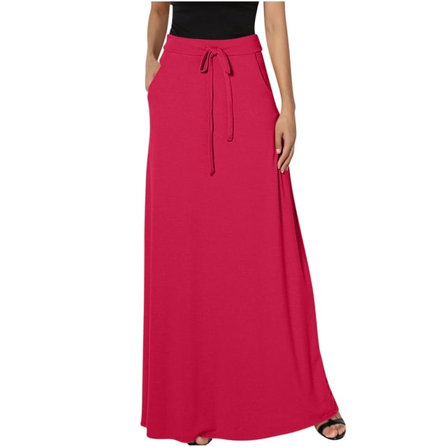 FAIWAD Women's Elastic High Waisted Maxi Skirt Drawstring Loose Casual Basic A-Line Skirts with Pockets
