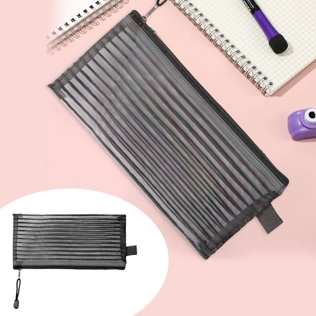 Mohdy 1Pc Solid Color Striped Hollowed-Out Horizontal Mesh Pencil Case,Document Storage,Black A,Zipper Mesh Pouch Pencil Pen Case Pencil Storage Pouches Pencil Bag Multipurpose Travel Bags
