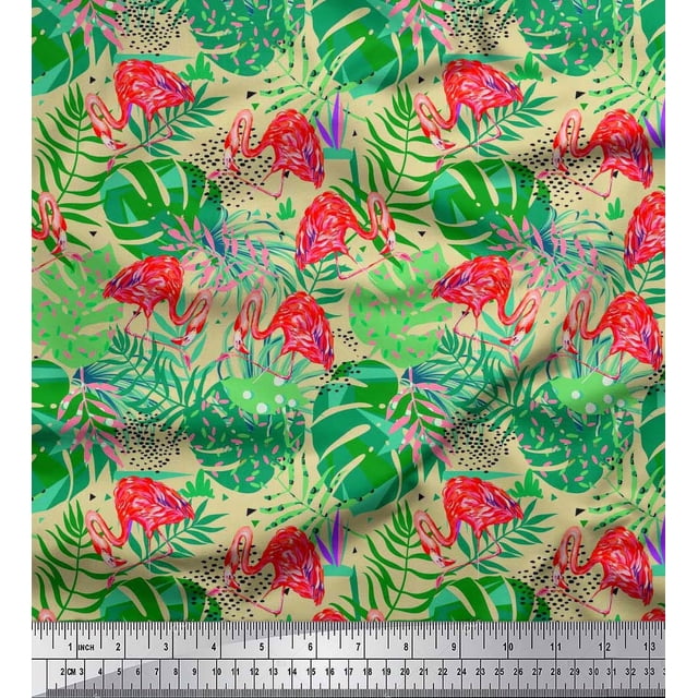 Soimoi Polyester Crepe Fabric Tropical Leaves & Flamingo Bird Print Fabric by The Yard 52 Inch Wide