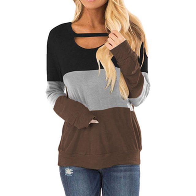 Pompotops Mode Femme T-Shirt à Manches Longues Col Rond Été Patchwork Blouse Ample