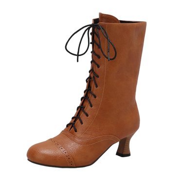 Xfvqtps Womens Lace up Boots Mid Calf Winter Fashion Boots Faux Leather Round Toe Chunky Heel Fur Lined Comfortable Casual Boots Yellow