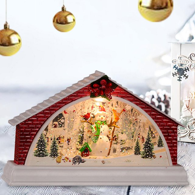mmirethe Resin Christmas Scene Snow House LED Desktop Set Village Decoration Snowman 1Set