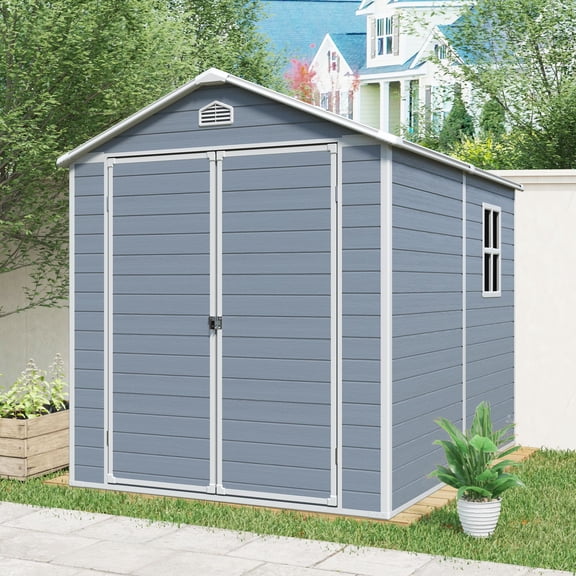 Remise de Rangement Extérieure en Résine 6 X 8 Pi - Gris, Rangement d'Outils pour Patio, Jardin et Cour / Remise Durable, Verrouillable avec Coussinet, Résistante aux Intempéries avec Fenêtres Latérales et Ventilation