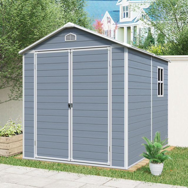 Remise de Rangement Extérieure en Résine 6 X 8 Pi - Gris, Rangement d'Outils pour Patio, Jardin et Cour / Remise Durable, Verrouillable avec Coussinet, Résistante aux Intempéries avec Fenêtres Latérales et Ventilation