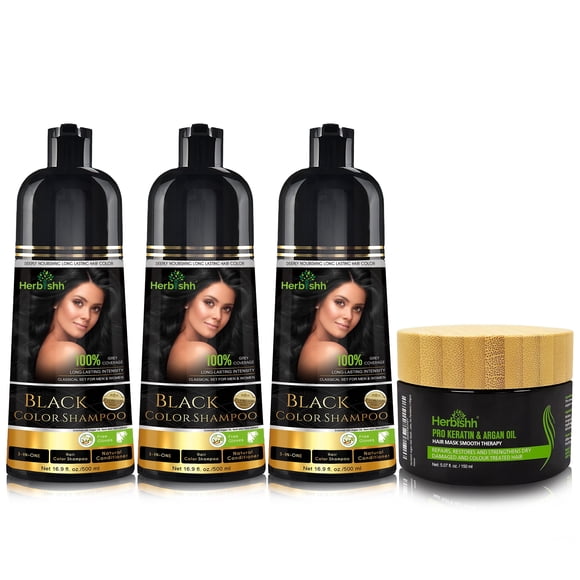 Herbishh Black Hair Colour Shampoo Kit (3pcs Colour Shampoo +1 Argan Hair Mask)