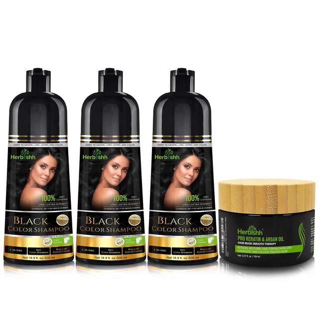 Herbishh Black Hair Colour Shampoo Kit (3pcs Colour Shampoo +1 Argan Hair Mask)