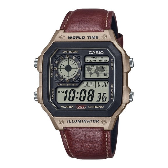 Casio Standard Numérique Heure Mondiale Bracelet en Cuir Quartz AE-1200WHL-5AV 100 m Montre pour Homme