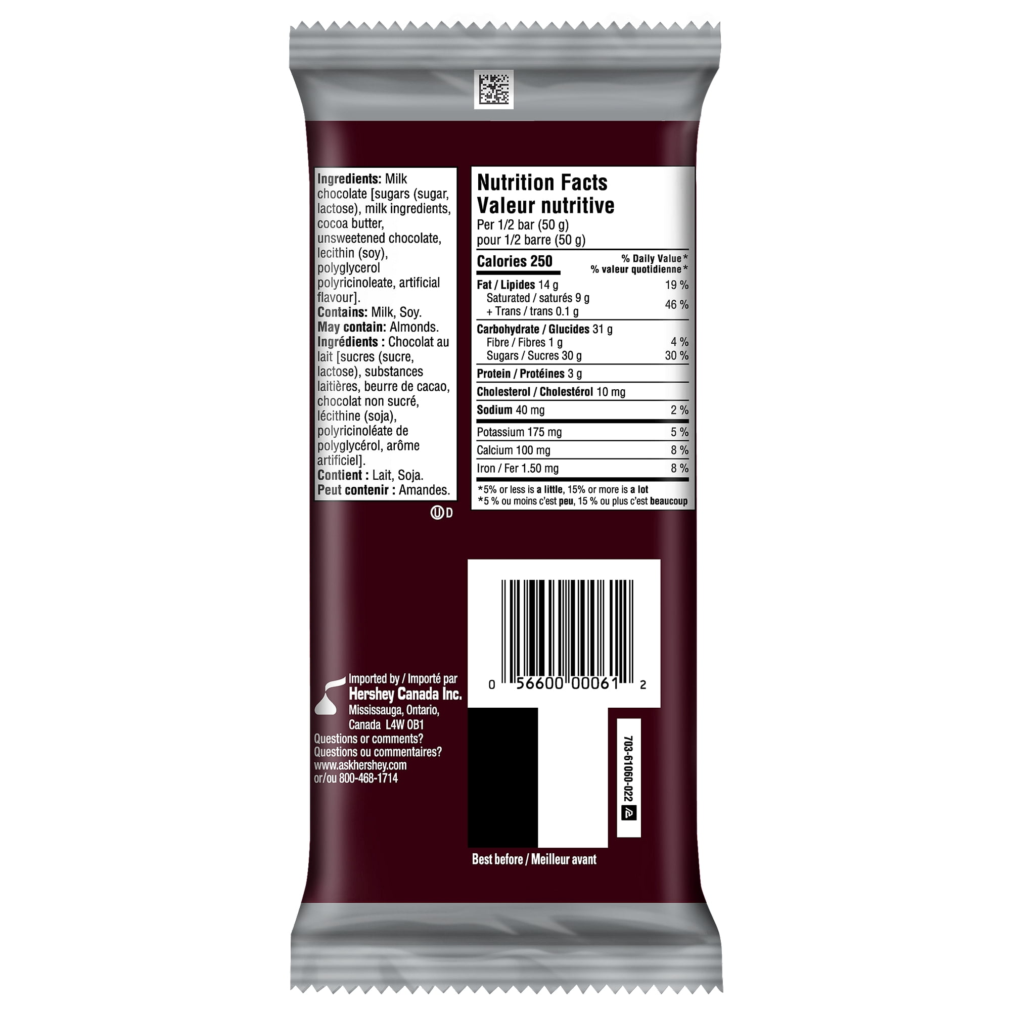 Barre de chocolat au lait crémeux HERSHEY'S format familial, 100 g