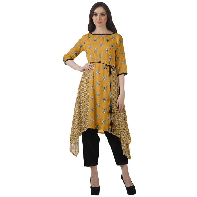 Moomaya Ensemble Tunique Indienne Haut et Pantalon Manches 3/4 Imprimé Kurta Kurti de Designer pour Femmes