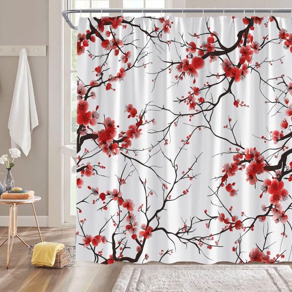 Cherry Blossom Shower Curtain - Red Floral Asian Japanese Plum Flower, Traditional Nature Fabric Decor, Includes Hooks, Ideal for Adding an Exotic and Romantic Touch to Your Bathroom