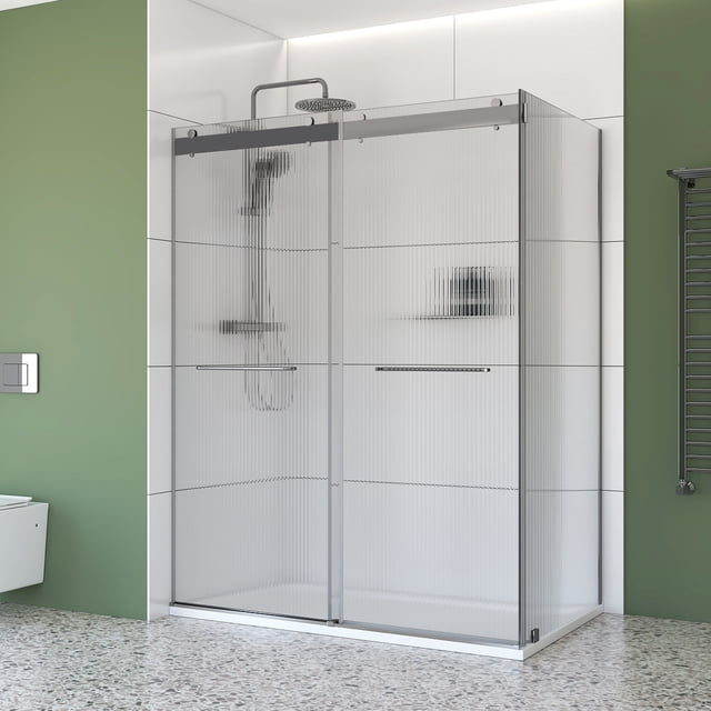 48" x 36" Chrome Corner Sliding Shower Kit with frameless double bypass doors of 6 mm fluted tempered glass, polished chrome handles, left-hand installation, and durable SMC base in a bathroom with green walls and terrazzo floor, ideal for bathroom renovation.