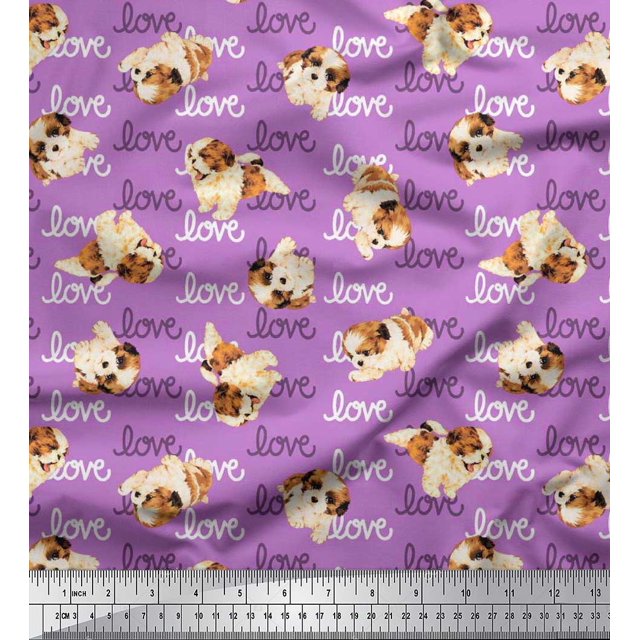 Soimoi Rayon Crepe Fabric Love Text & Puppies Dog Decor Fabric Printed Yard 46 Inch Wide