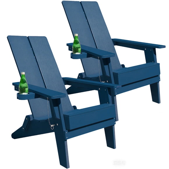 Adirondack Chairs Set of 2 ,Modern Folding Chair Plastic Outdoor Chaise with Cup Holder,for Patio Garden Yard Poolside