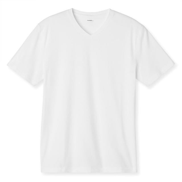 George Men's Stretch V-Neck Tee in white, displayed flat with a front view, made from a soft cotton blend of 95% cotton and 5% spandex, featuring short sleeves, a V-neck collar, and straight hem, suitable for casual wear and often used as a comfortable layering piece.