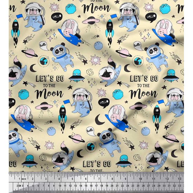 Soimoi Velvet Fabric Planet,Rocket & Astronaut Animals Cartoon Print Fabric by Yard 58 Inch Wide