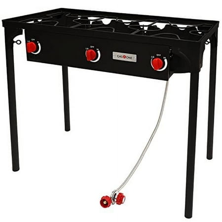 Gas One Outdoor Triple High pressure Burner with Stand Stove Propane Gas Cooker With Adjustable High Pressure Regulator and Hose, Black (B-6565)