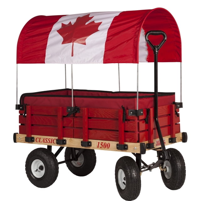 Millside Classic Canada Chariot en Bois pour Enfants avec Patins, Doté d'Une Carrosserie en Bois Rouge et d'Un Auvent Drapeau du Canada. Il Comprend une Poignée Noire, Quatre Pneus Pneumatiques à air, un Plancher en nylon denier Rouge et des Patins d'Entour, et une Direction Anti-Basculement, Idéal pour les Promenades en Plein air et sur Sentier des Enfants.