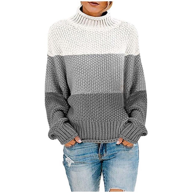 Hauts d'Automne/hiver Femmes Hiver Femmes Tricot Agencement de Couleurs Col Rond Ample Décontracté Chandail Hauts Hauts pour Femmes pour l'Automne P-67 Blanc TTG