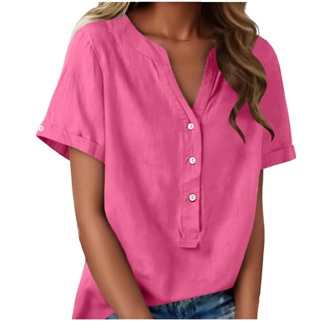 Floleo T-Shirt à Manches Courtes pour Femmes, Style Lin, Col en V, Boutons devant, Demi-Ouverture, Haut Vintage Classique, Respirant, Confortable, Extensible, Tissu Fin, Printemps Été Automne, Tenue Quotidienne (Rose Vif#2,L)